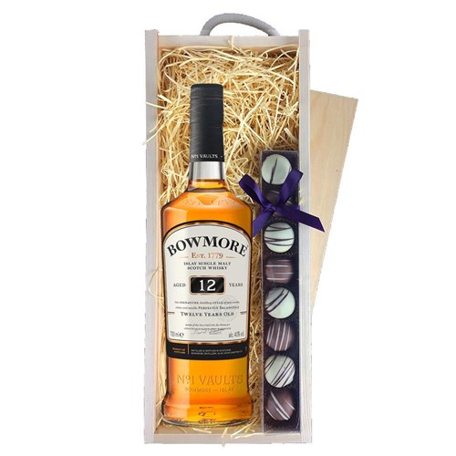Bowmore 12 Year Old Whisky 70cl & Heart Truffles, Wooden Box